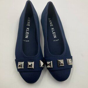 Anne Klein iFlex “Akeden” Studded Ballet Flats — Size 6M — Navy Linen Fabric
